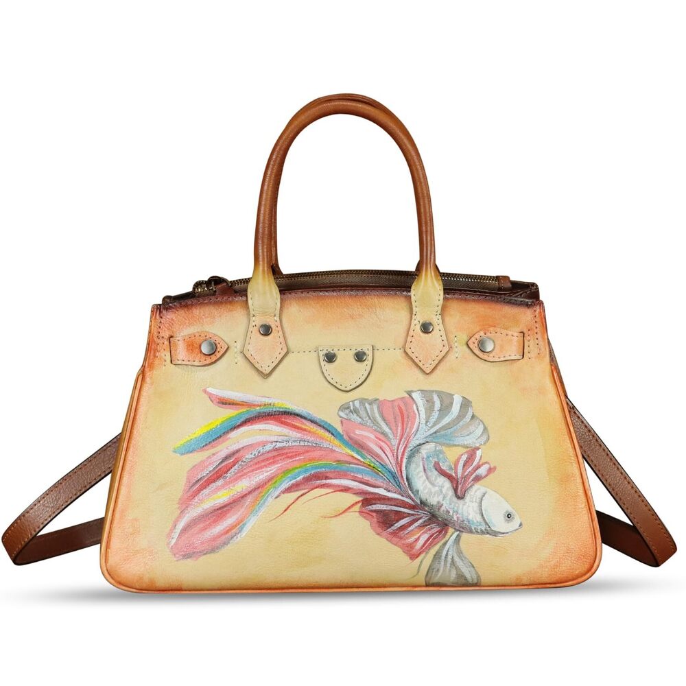8773 Leather Satchel Hand Painted Leather Handbag Top Handle Bag Handmade
